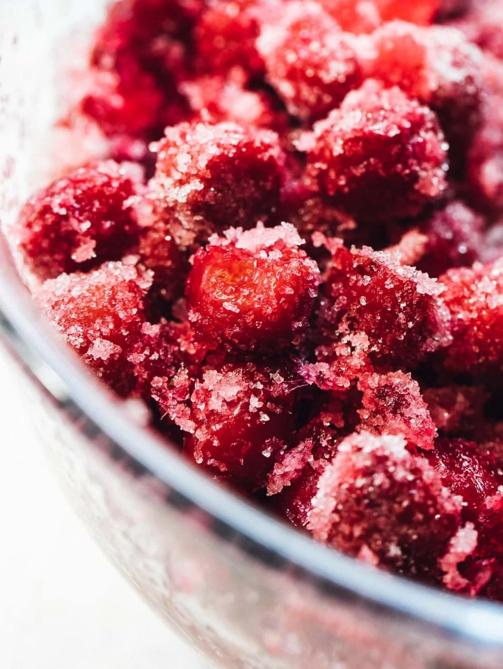 frozen tart cherries, close up photo
