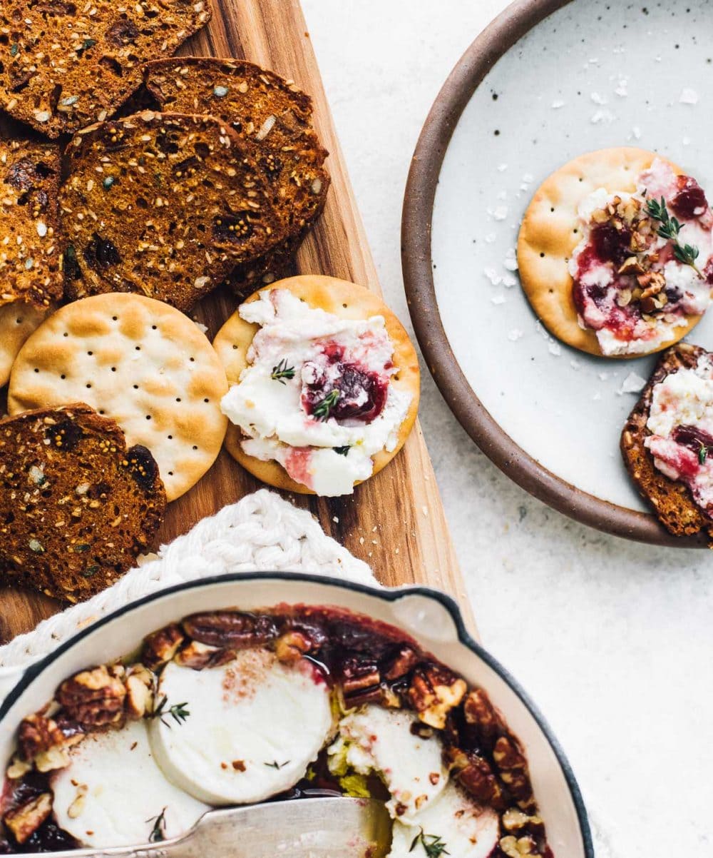 baked goat cheese and fig jam on a cracker
