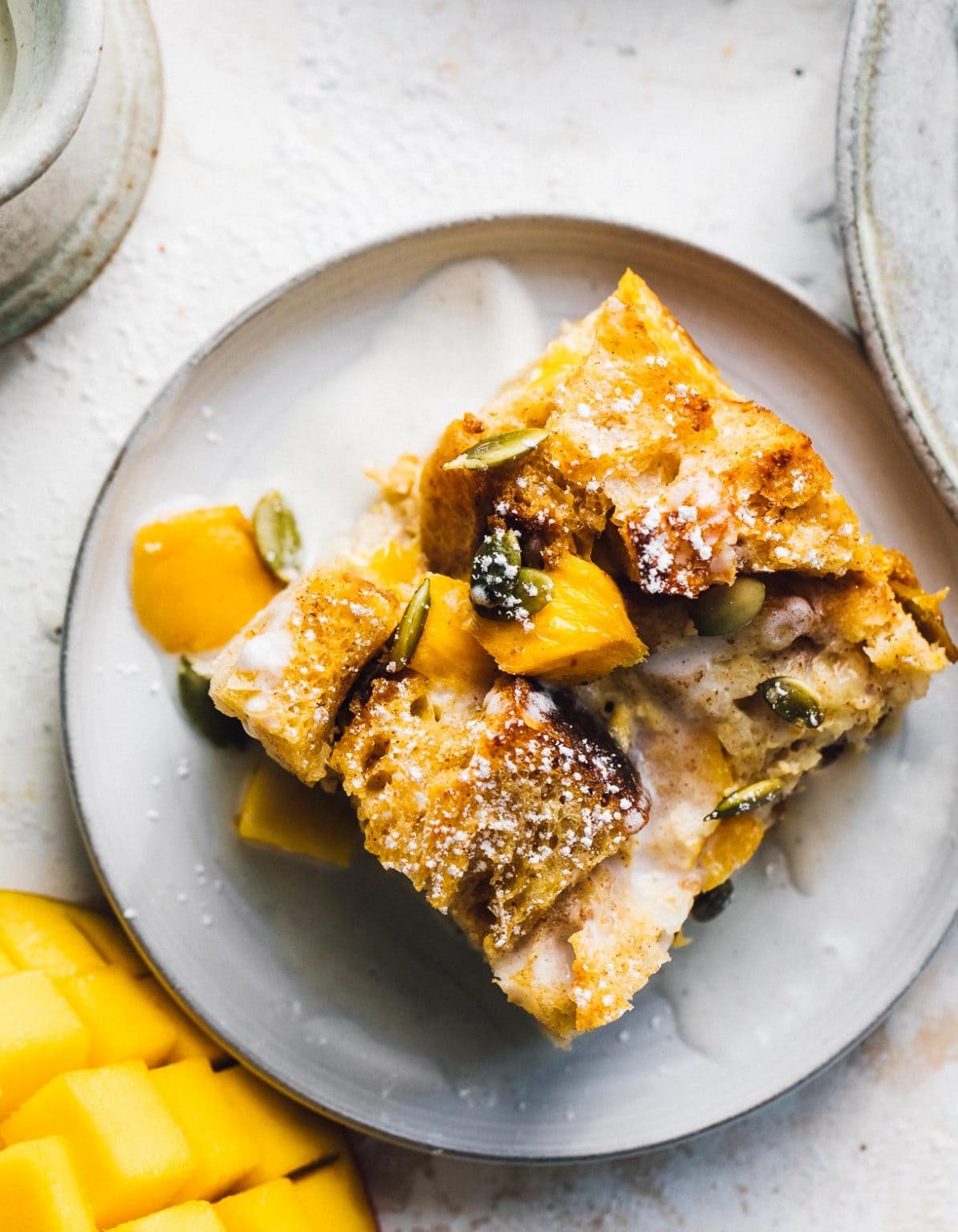 Sourdough Bread Pudding with Mango and Pepitas • Heartbeet Kitchen