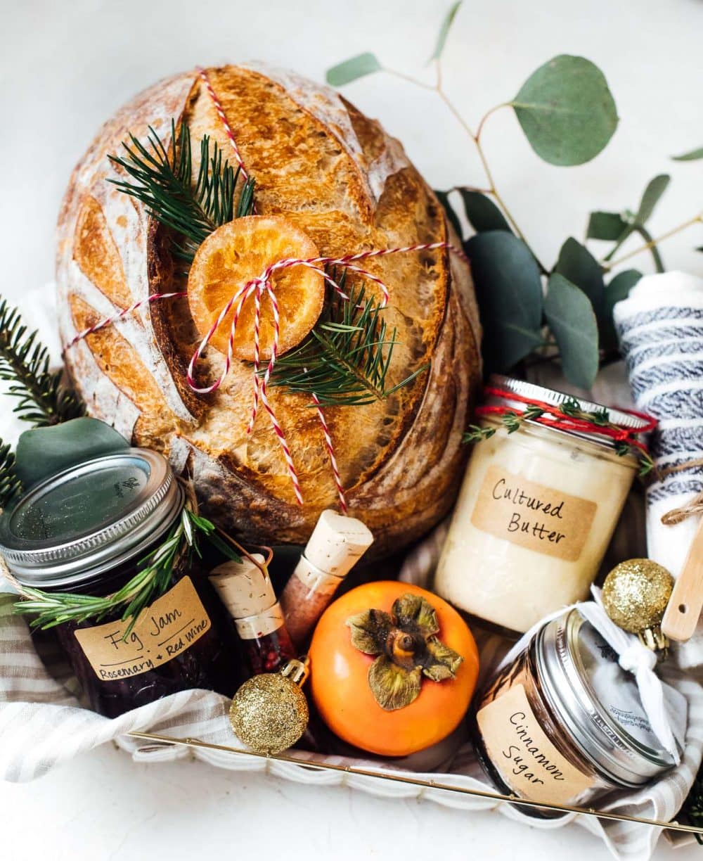 Gift Basket With Kitchen Accessories And Utensils Made Of Wood And Bamboo  Bread Spices Fresh Lettuce