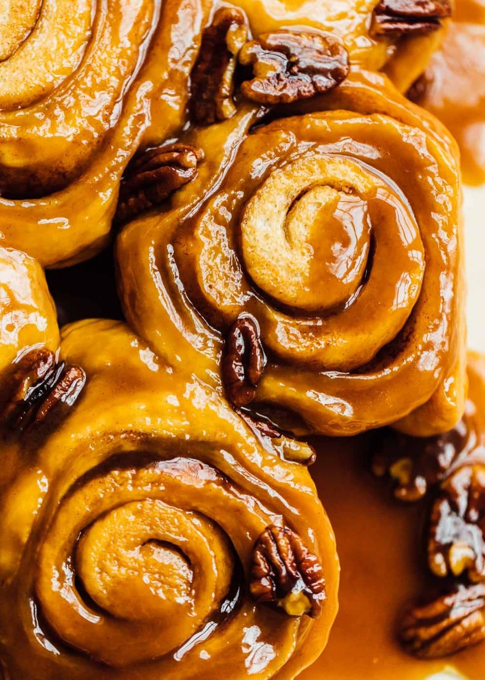 close-up photo of sourdough caramel rolls.
