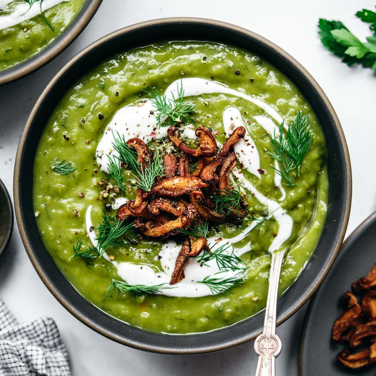 vegan split pea soup, green in color