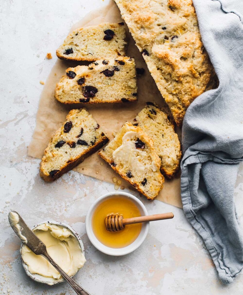 sourdough discard soda bread slices with honey and butter