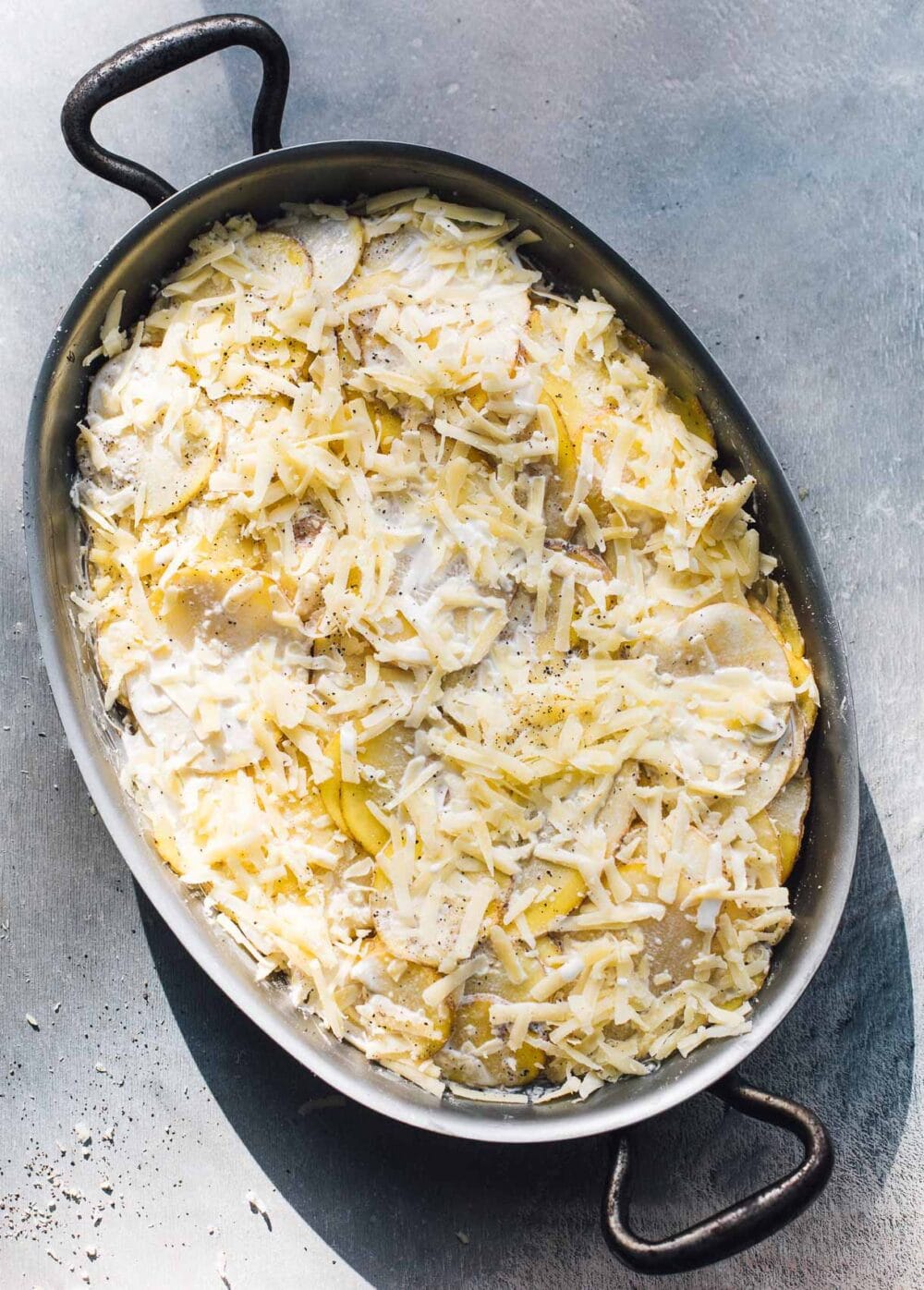 a pan of au gratin potatoes, unbaked.