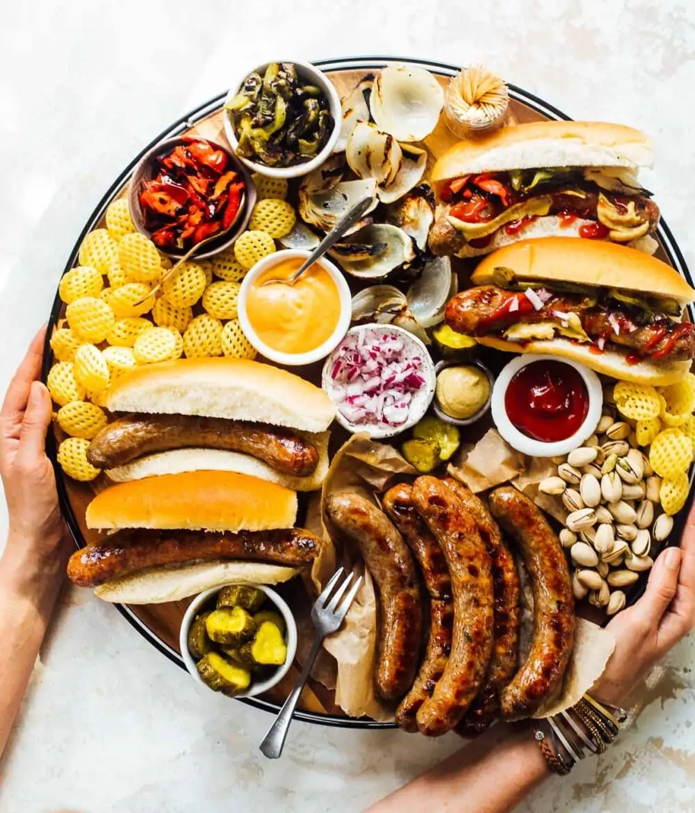 grilled brat board with all the fixings