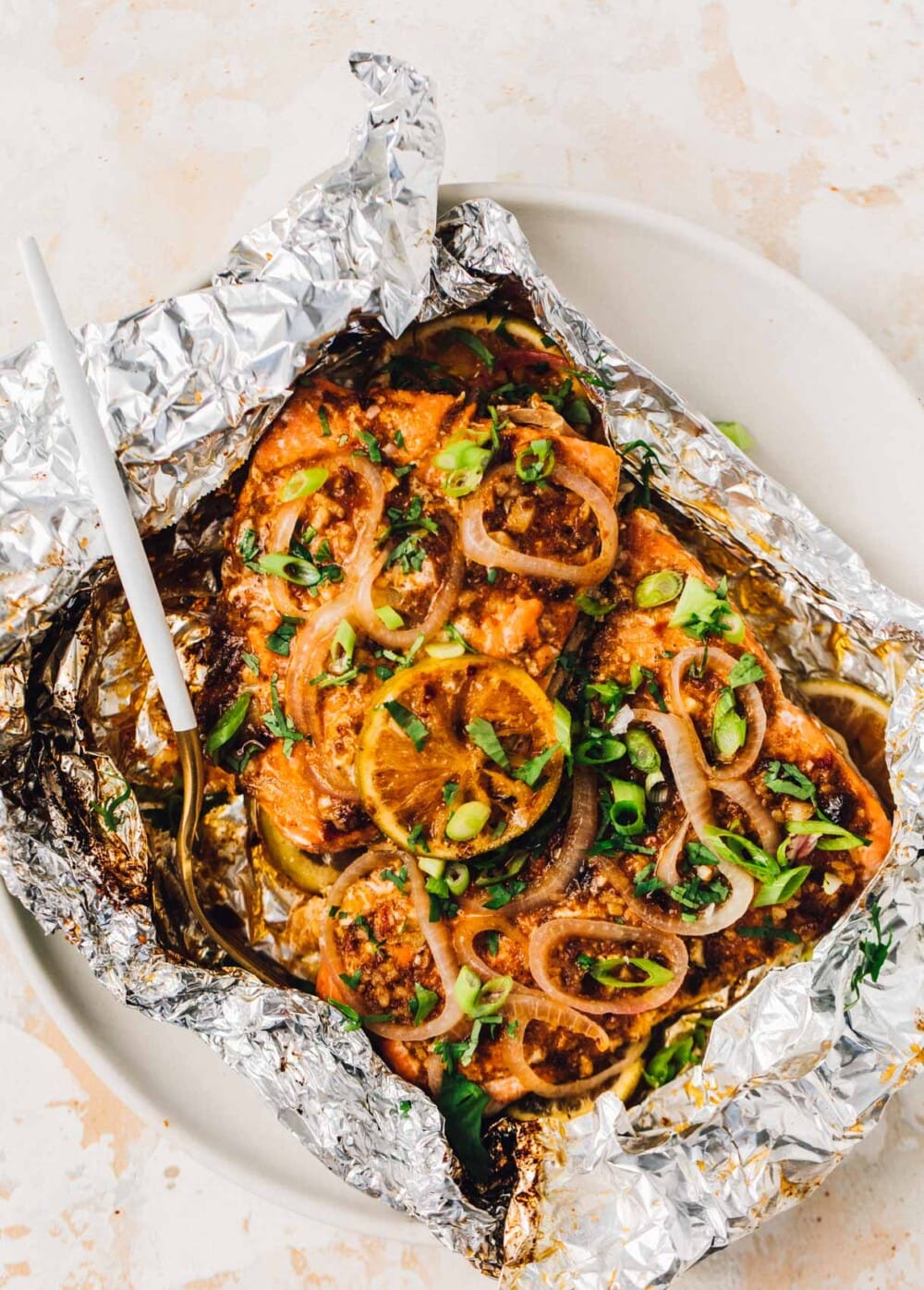 grilled salmon in foil, fully cooked.