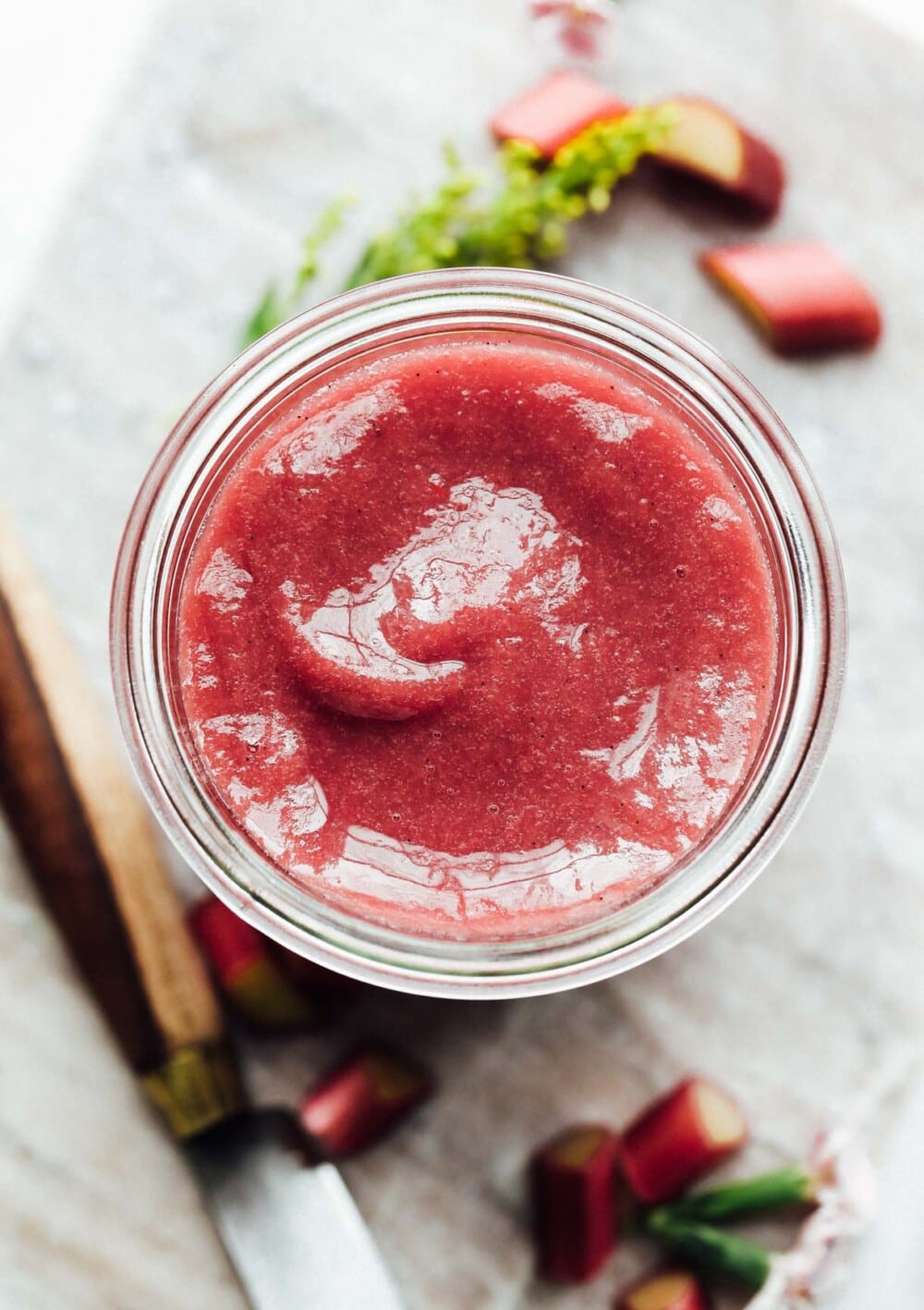 smooth rhubarb sauce in glass jar