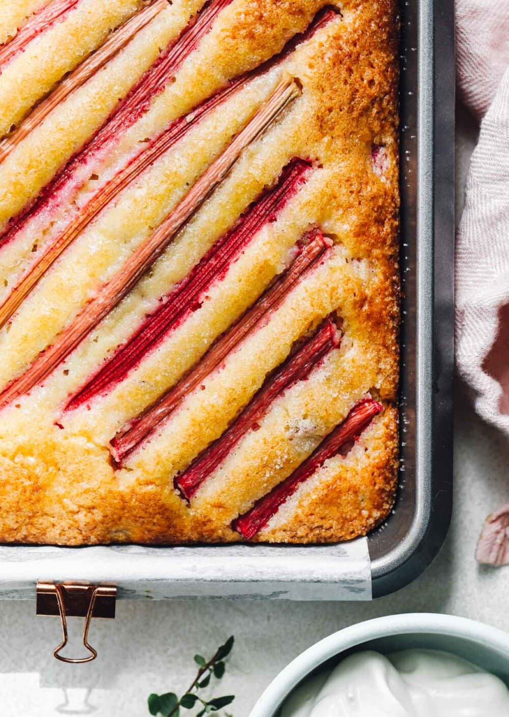 sourdough rhubarb cake in a silver pan