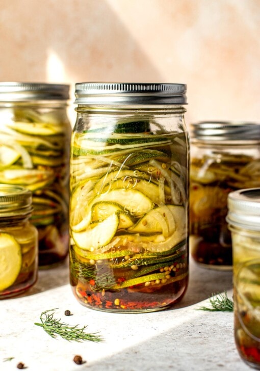 zucchini pickles in glass jars