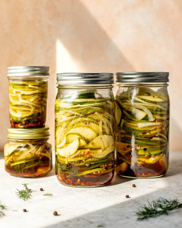 pickled zucchini in glass jars