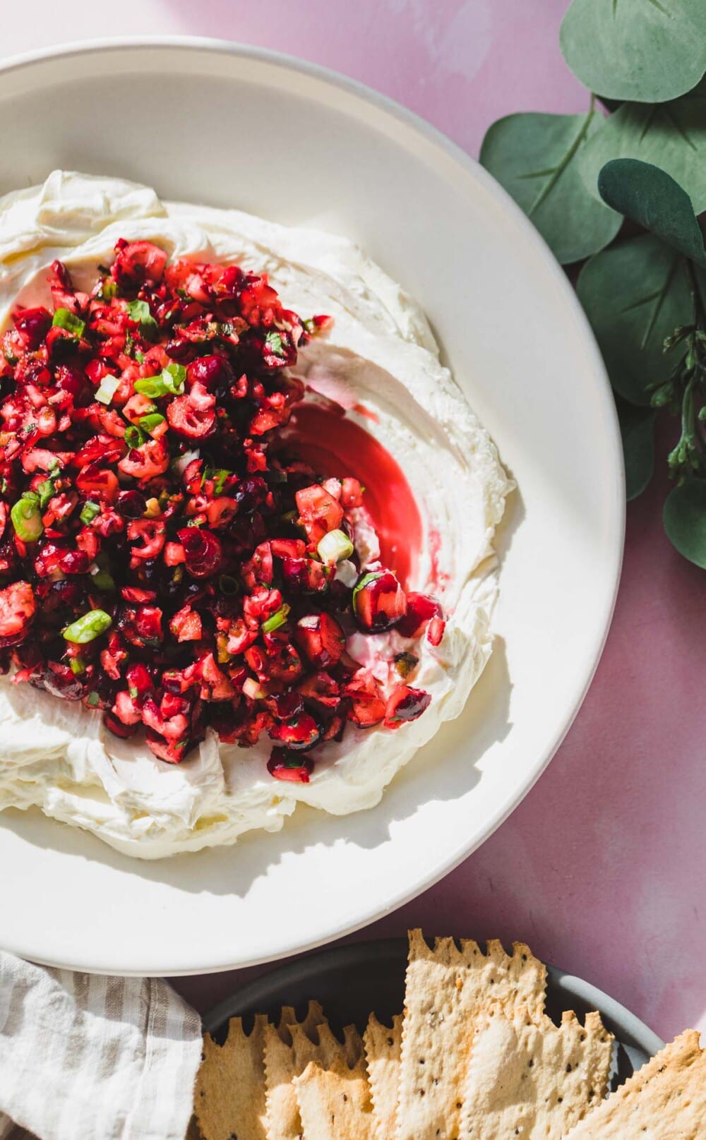 fresh cranberry jalapeno cream cheese dip on white plate