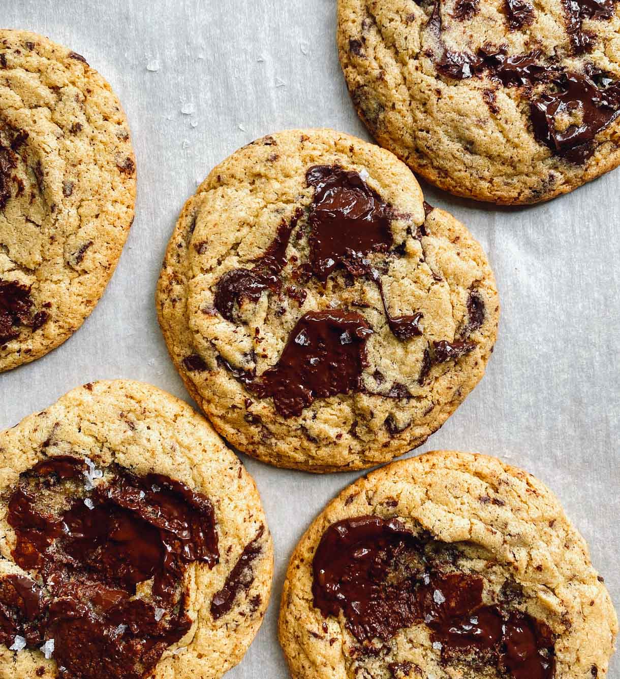 chewy gluten-free chocolate chip cookies on parchment paper