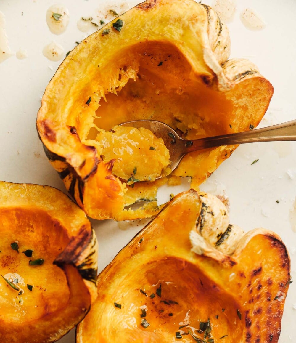 brown butter sweet dumpling squash with gold spoon