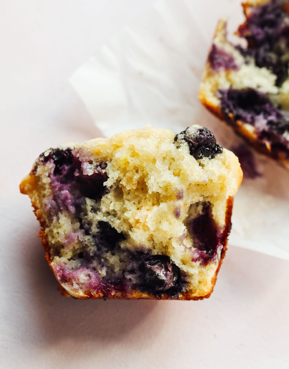 crumb shot of sourdough blueberry muffins