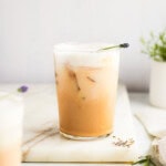 lavender iced latte on marble board