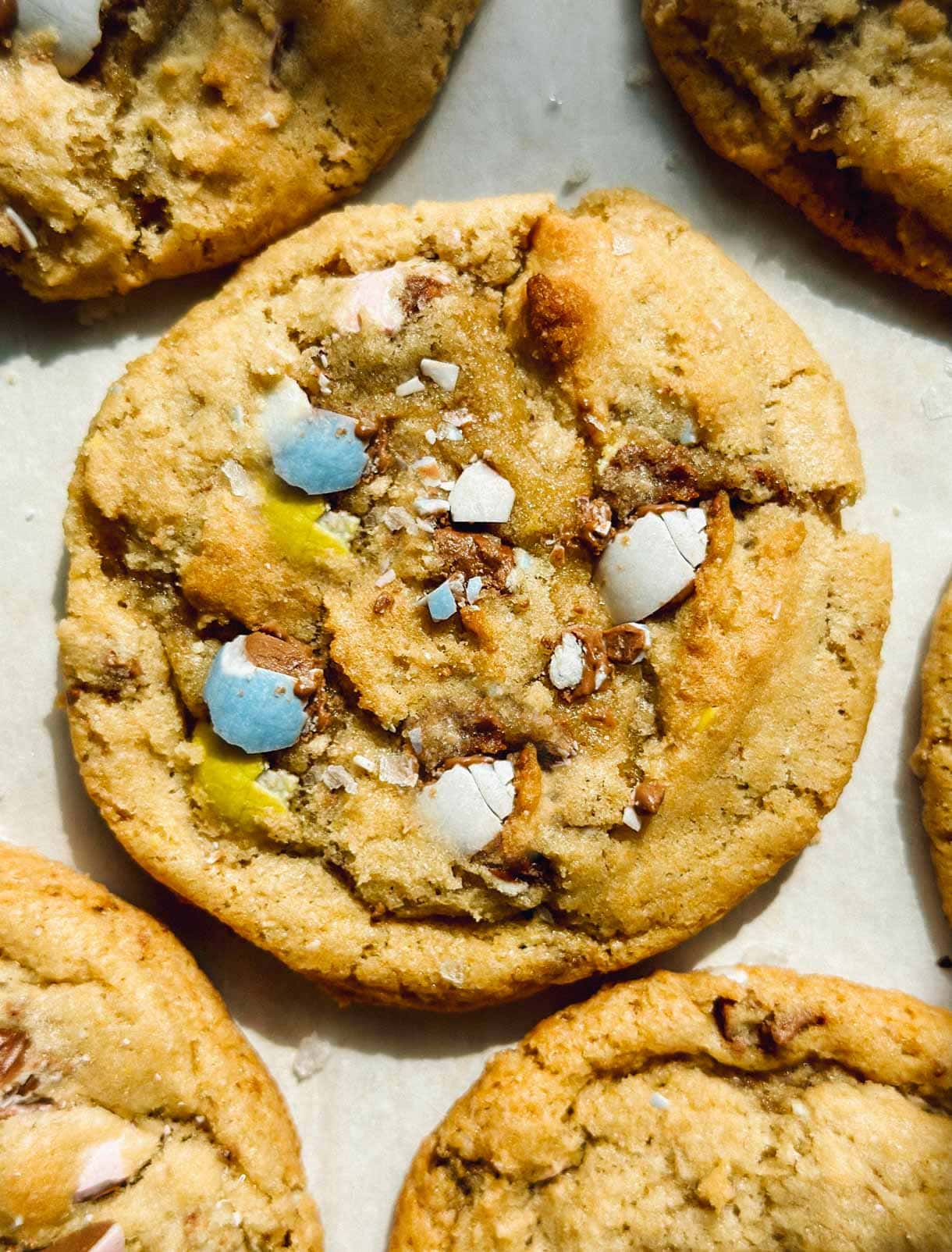 sourdough cadbury egg cookies on parchment paper