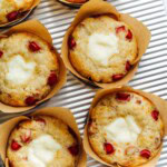 cream cheese rhubarb muffins in baking pan