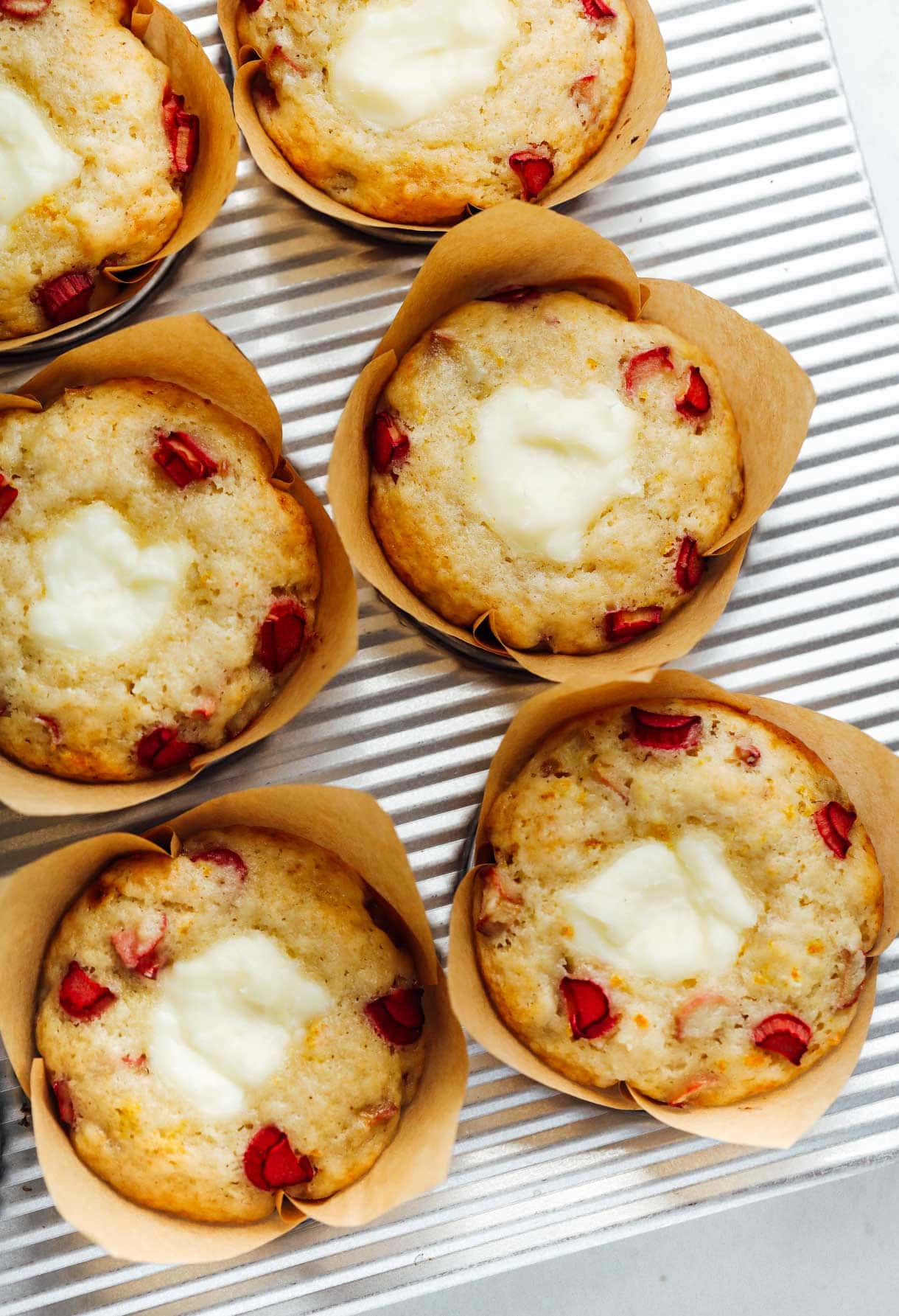 cream cheese rhubarb muffins in baking pan