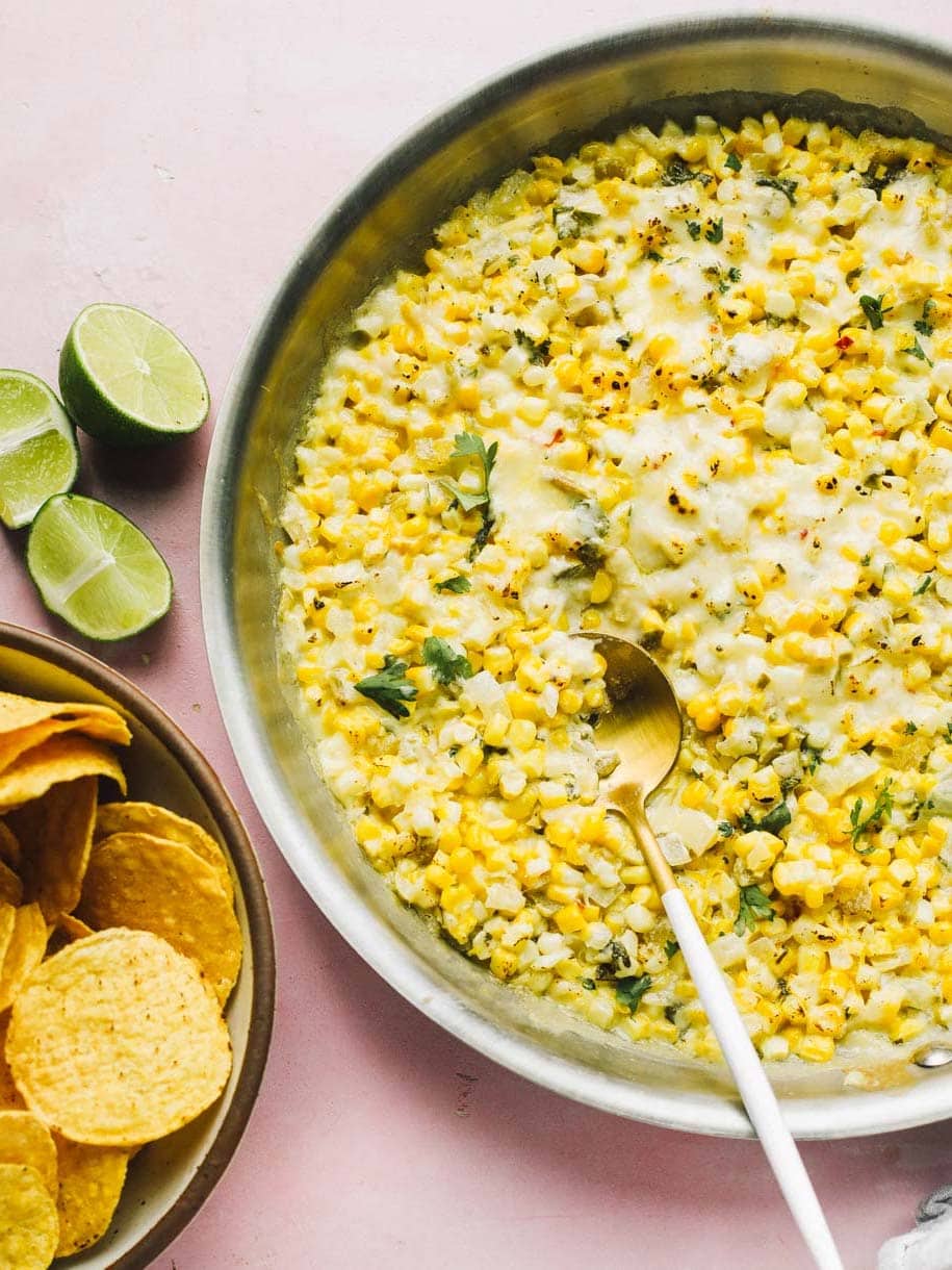 green chile sweet corn in stainless steel skillet