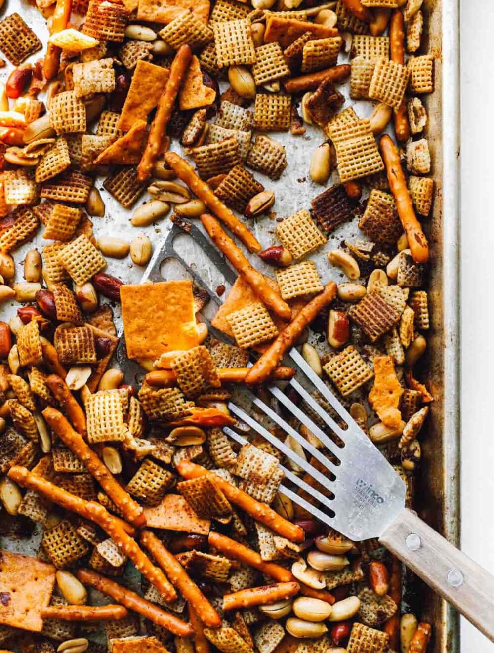 gluten free chex mix on baking sheet