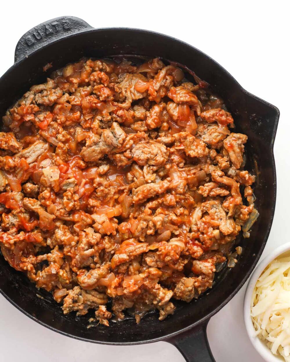 ground turkey sauteed in black cast iron skillet