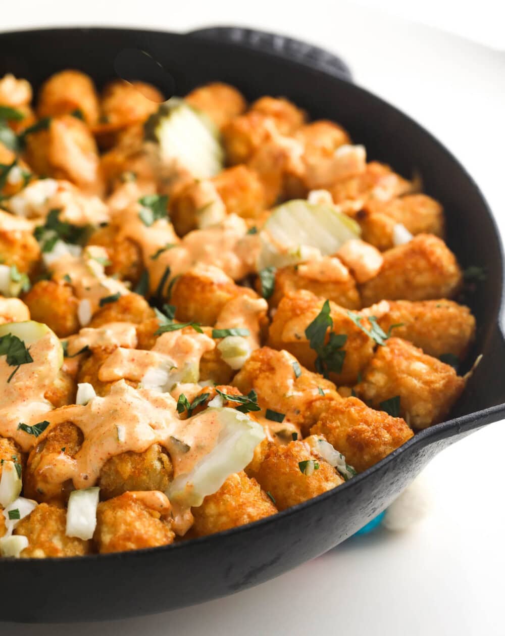 turkey cheeseburger casserole in a cast iron pan