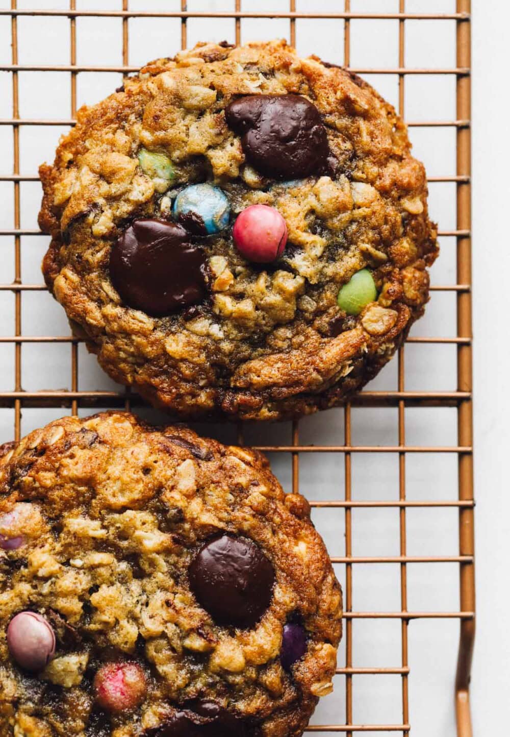 sourdough monster cookies baked and on wire rack