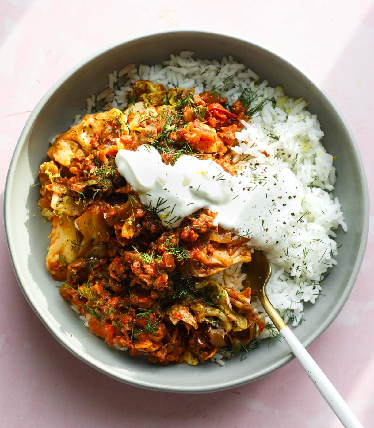 cabbage roll bowl meal in a blue bowl