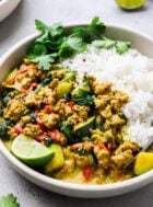 ground turkey curry in a bowl with white rice