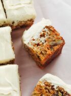sourdough carrot cake bars cut into small pieces