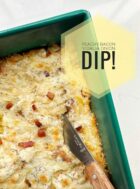 peach and onion dip in a green pan